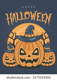 Halloween banner with pumpkins and witch hat. Vector illustration.