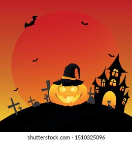 Halloween banner. Red Sky. Pumpkin, castle, bats, black cat. Halloween attribute