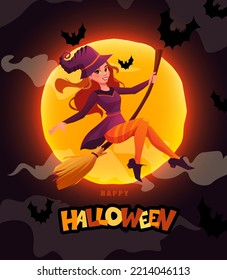 Halloween banner with redheaded witch flying on broom and hand lettering text. Cartoon vector illustration