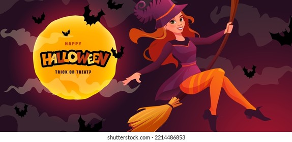 Halloween banner with redheaded witch flying on broom and hand lettering text. Cartoon vector illustration