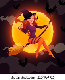 Halloween banner with redheaded witch flying on broom. Cartoon vector illustration