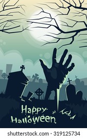 Halloween Banner Retro Cemetery Graveyard Hand From Ground Party Invitation Card Flat Vector Illustration