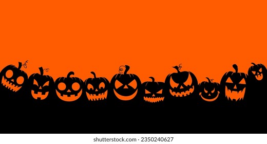 Halloween banner - row of pumpkins over orange background, vector illustration