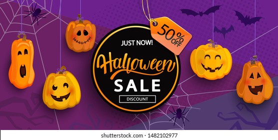 Halloween Banner for Sale with 50 percent discount for Happy holiday with monster pumpkins,bat, spiders. Template for web,poster,flyers, ad,promotions,blogs,social media,marketing.Vector illustration.