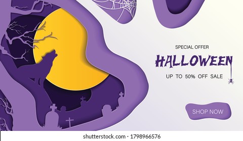 Halloween banner or sale background with Full moon in the sky, spiders web and wolf in paper cut style. Vector illustration. Place for text