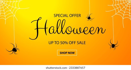 Halloween banner. Sale, buy now. Web, spiders. Vector illustration