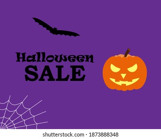 Halloween banner for sale with pumpkin, bat and spiderweb on violet background. May use as postcard