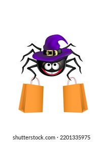 Halloween banner for sale with smiling spider wearing purple witch hat holding two orange shopping bags isolated on white background. Editable Vector illustration.