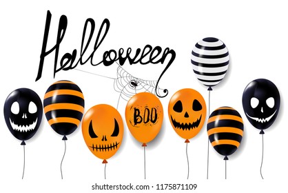 Halloween banner, scary balloons, Ghost, spider and web, vector
