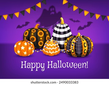 Halloween banner with scary ghost, flying bats and pumpkin with holiday ornament. Vector greeting card with spine-tingling shadows spectacle of fright and delight for spooktacular festive celebration