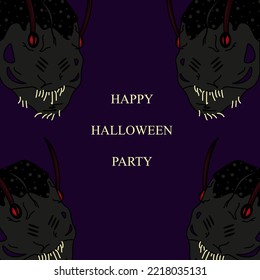 Halloween Banner With A Scary Monster With Red Eyes, Antennae, Horns. And Copy Space A Terrible Monster Bug With Inscription Happy Halloween Party. A Giant Cockroach.