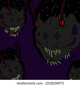 Halloween banner with a scary monster with red eyes, antennae and horns. A terrible monster bug. A giant cockroach.