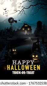 Halloween banner with scary old farm and windmill at full Moon