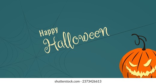 Halloween banner with scary pumpkin and stretched web.