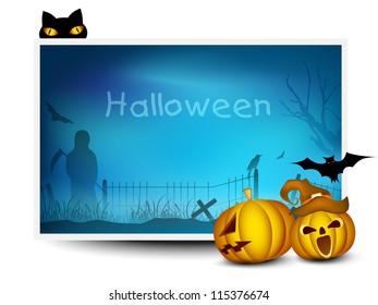 Halloween banner with scary pumpkins, black cat and flying bats. EPS 10.