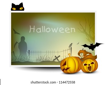 Halloween banner with scary pumpkins, flying bats and black cat. EPS 10.