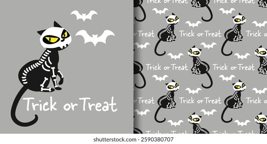 Halloween banner and seamless pattern of black cat in skeleton costume, bats and Trick or Treat text on light gray background. Vector illustration.