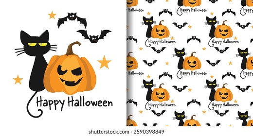Halloween banner and seamless pattern of black cat with Halloween pumpkin, bats, stars and Happy Halloween text on white background. Vector illustration.