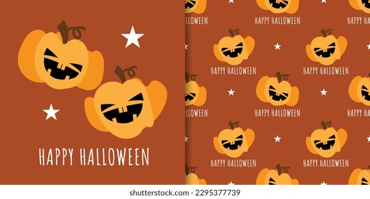 Halloween banner and seamless pattern of cute Halloween pumpkin and stars on orange background with Happy Halloween text. Vector illustration.