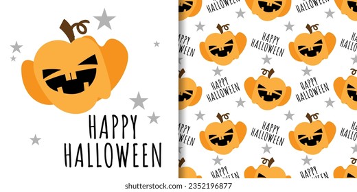 Halloween banner and seamless pattern of cute Halloween pumpkin and stars on white background with Happy Halloween text. Vector illustration.