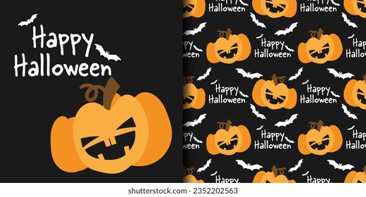 Halloween banner and seamless pattern of cute Halloween pumpkin and stars on black background with Happy Halloween text and bats. Vector illustration.