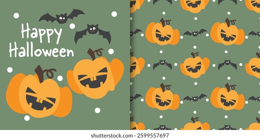 Halloween banner and seamless pattern of Halloween pumpkins with cute bats and Happy Halloween text on green background. Vector illustration.