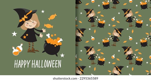 Halloween banner and seamless pattern of young witch with witch's cauldron, orange potions, candy and stars on green background. Vector illustration.