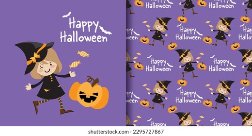 Halloween banner and seamless pattern of young witch with Pumpkins lantern, candies and Happy Halloween text with bats on purple background. Vector illustration.