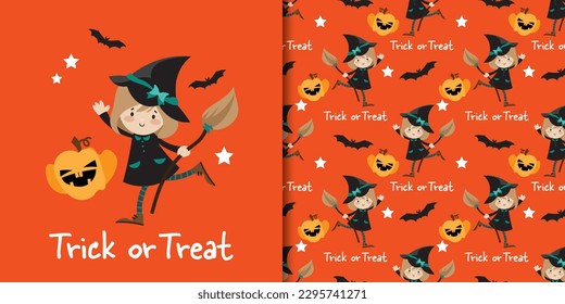 Halloween banner and seamless pattern of young witch with broom, Pumpkins lantern and Trick or treat text with bats and stars on orange background. Vector illustration.