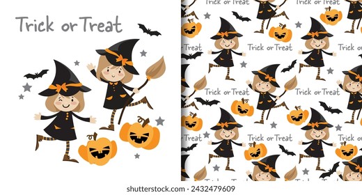 Halloween banner and seamless pattern of young witch with broom, Pumpkins lantern and Trick or treat text with bats and stars on white background. Vector illustration.