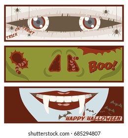 Halloween banner set in comic strip style with eyes of mummy, nose of zombie, mouth of vampire, spiders, worm and flying bats
