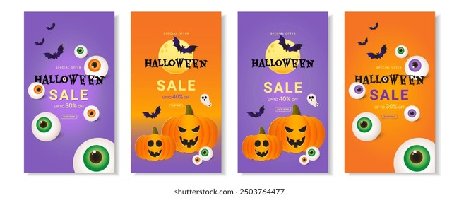 Halloween Banner Set mit süßen Kürbissen, Fledermäusen und anderen Ferienelementen auf violettem und orangefarbenem Hintergrund. Designvorlage für Werbung, Web, Social Media. Vektorgrafik