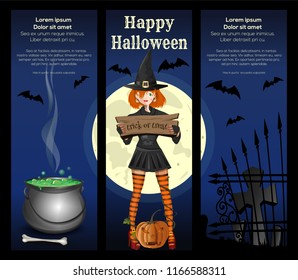 Halloween banner set. Halloween design with design with a cute girl in a witch suit against the full moon. Trick or treat. Vector illustration