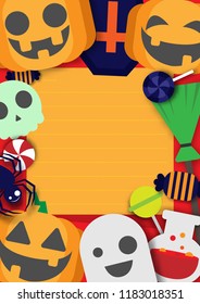 Halloween banner set with flat design full moon, ghosts, pumpkin,  and traditional Halloween elements. Template for invitation party, cover or greeting card. Place for your text.
