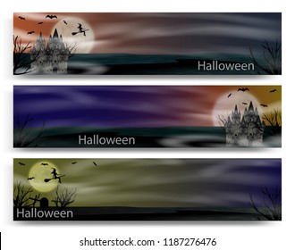 Halloween banner set with gothic castle, flying young witch, bats and full moon. Vector illustration.