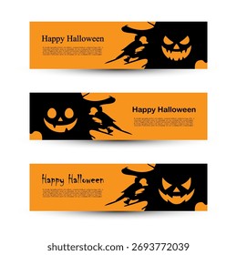 Halloween Banner Set – Jack-o'-Lantern Faces and Flying Witch Silhouettes on Orange and Black Backgrounds. A festive and spooky set of three horizontal Halloween-themed banners featuring bold orange and black color schemes. Each banner includes a jack-o'-lantern face and a silhouette of a witch flying on a broomstick, paired with the greeting “Happy Halloween” and placeholder text. The designs evoke a playful and eerie atmosphere, making them ideal for seasonal promotions, event announcements, website headers, social media graphics, or party invitations.