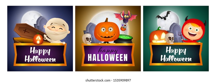 Halloween banner set with mummy, pumpkin, devil. Bat, pumpkin, pot. Lettering can be used for greeting cards, invitations, announcements