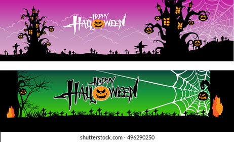 halloween banner set Pumpkin Castle Tree Cemetery.