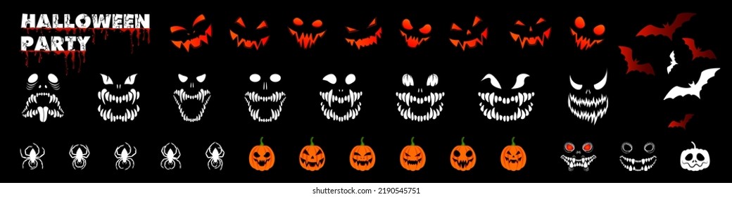 Halloween banner. A set of pumpkins, white and orange toothed monster faces, spiders and bats. Vector illustration for the holiday on a black background