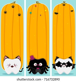 Halloween banner set with teeth, bat, cat, spider, cute illustrations for children dentistry, vector.