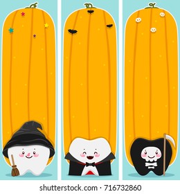 Halloween banner set with teeth, death, vampire, witch, cute illustrations for children dentistry, vector.