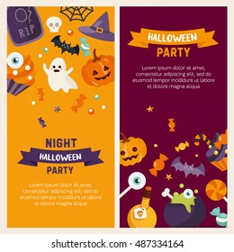 Halloween banner set template. Place for your text. Vector illustration with pumpkin, ghost, candies in flat style. Great design for halloween party, menu or invitation. 