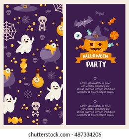 Halloween banner set template. Place for your text. Vector illustration with pumpkin, ghost, candy in flat style. Great design for halloween party, menu or invitation. 