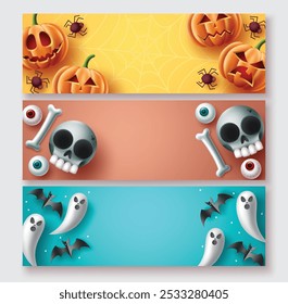 Halloween banner set vector design. Halloween background collection with cute mascot character elements with copy space for typography text. Vector illustration.
