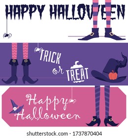 Halloween banner set with witch legs and hat - spooky Trick or treat banners with text and holiday symbols - pumpkin, spiders and shoes. Vector illustration.