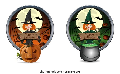 Halloween banner set with young cute witch and jack-o'-lantern. Vector illustration