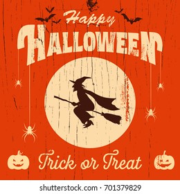 Halloween banner, Silhouette of flying witch on a wooden board, Vector Illustration