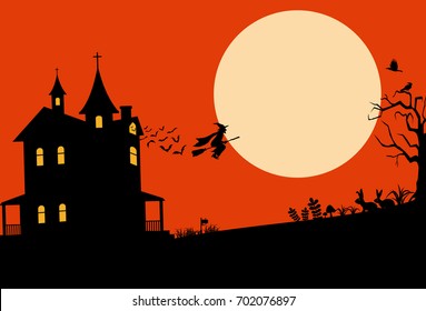 Halloween banner, Silhouette of flying witch, Vector Illustration