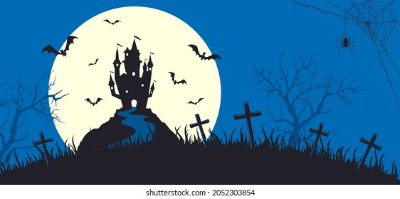Halloween banner with silhouette of scary castle on blue background with full Moon. Holiday card with bats and spiders. Illustration for holiday cards, invitations, banners, Halloween templates