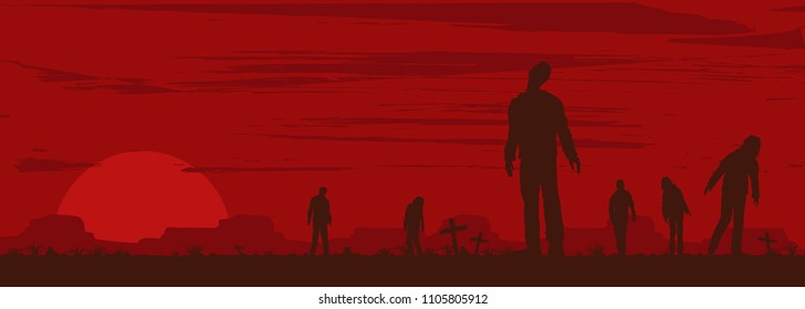 Halloween banner, Silhouette of zombies walking at graveyard, Vector Illustration